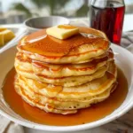 fluffy buttermilk pancakes recipe stack with maple syrup