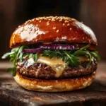 Venison Burger Recipe close-up shot with brioche bun and cheddar cheese.