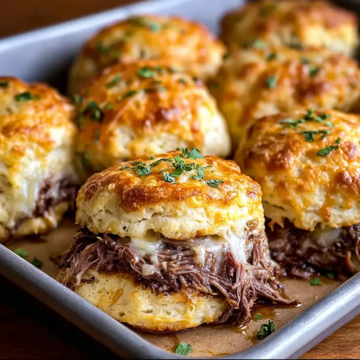 Golden baked French dip biscuits with melty beef and cheese