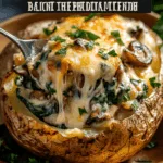 Baked potatoes with spinach and herbs on rustic plate