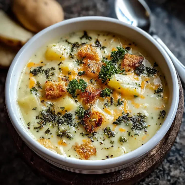 Cheddar Garlic Herb Potato Soup served in a rustic bowl with herbs