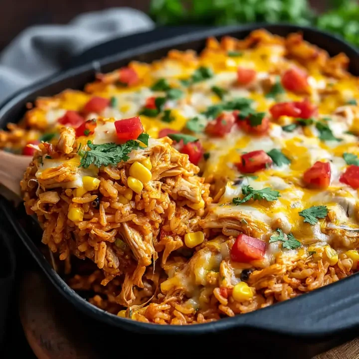 Chicken enchilada rice casserole hot and cheesy in baking dish