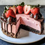 Chocolate covered strawberry cheesecake with glossy chocolate ganache