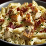 Creamy chicken bacon ranch pasta in a rustic bowl