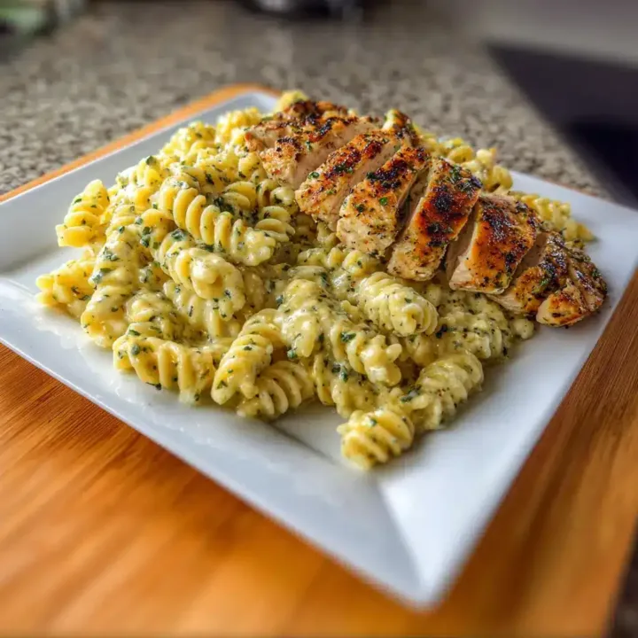 Creamy garlic parmesan chicken pasta in a white bowl with parmesan and parsley