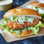 Crispy chicken Caesar sandwich with romaine and Caesar dressing