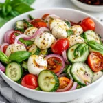 fresh cucumber Caprese salad on rustic plate