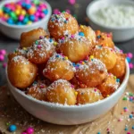 Golden funnel cake bites with powdered sugar on plate