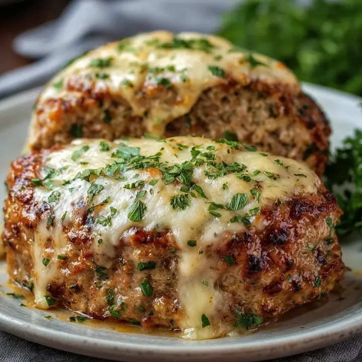 Freshly baked garlic parmesan chicken meatloaves on wooden table