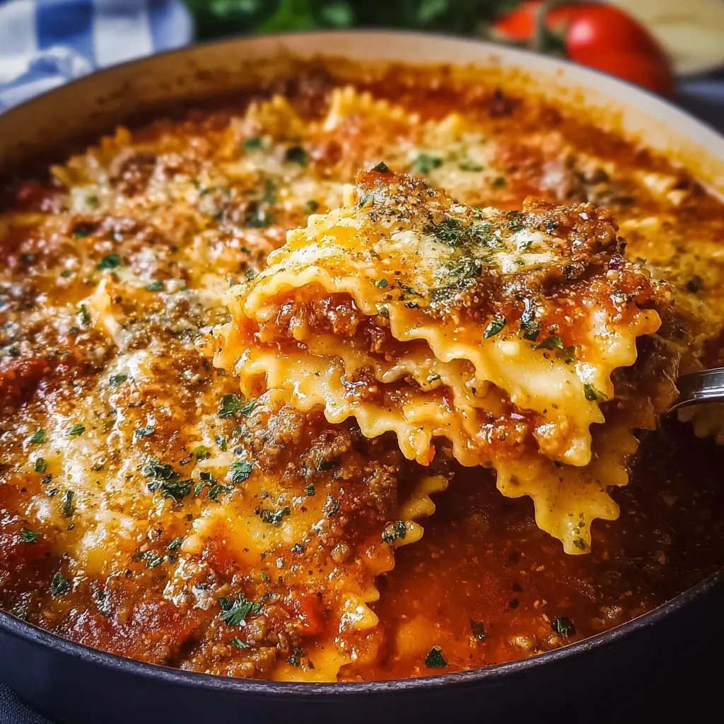 Lasagna soup with melted cheese and basil