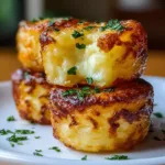 Crispy Mashed Potato Cheese Puffs stacked on wooden board