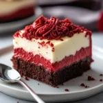 Red velvet cheesecake brownies on tray with cream cheese swirl