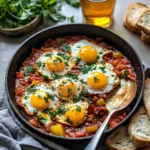 Shakshuka eggs with feta served in skillet