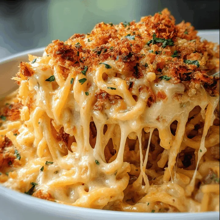 Southern Chicken Spaghetti Casserole baked with melted cheese