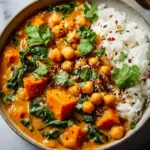 Sweet Potato and Chickpea Curry with herbs in rustic bowl