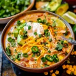 White chicken chili served with avocado, cheese, and lime