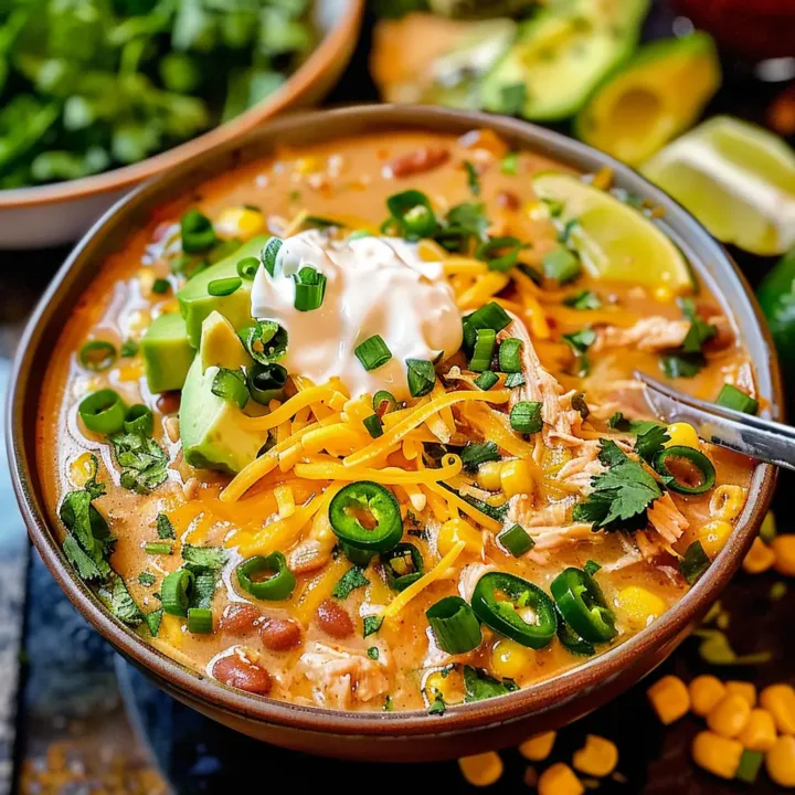White chicken chili served with avocado, cheese, and lime