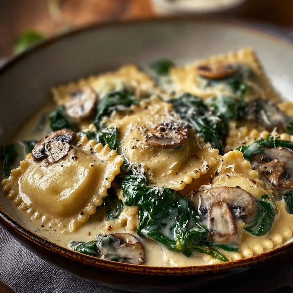 Spinach and Mushroom Alfredo Ravioli
