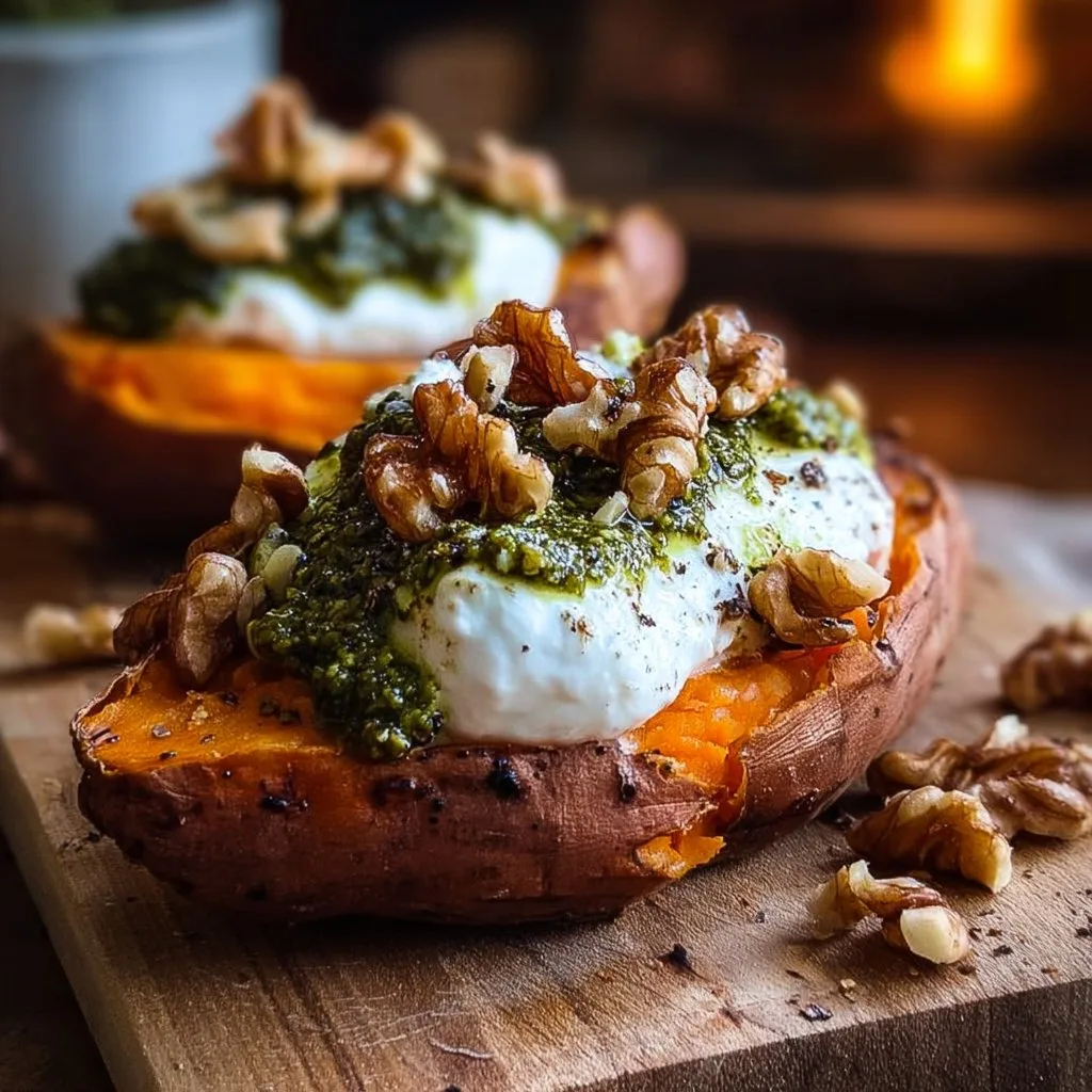 Stuffed Sweet Potatoes with Burrata, Toasted Walnuts & Sage Pesto