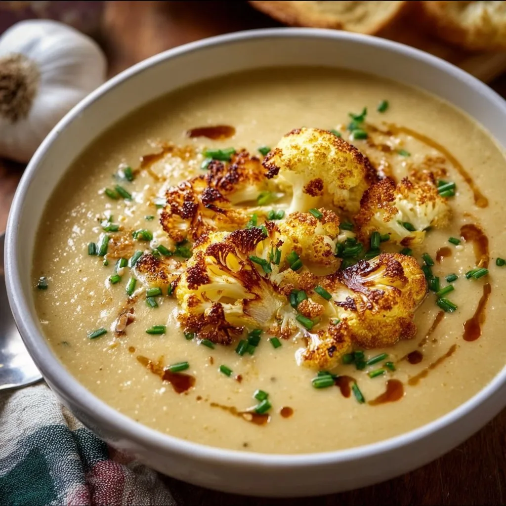 Creamy Cheddar Cauliflower & Roasted Garlic Soup Recipe