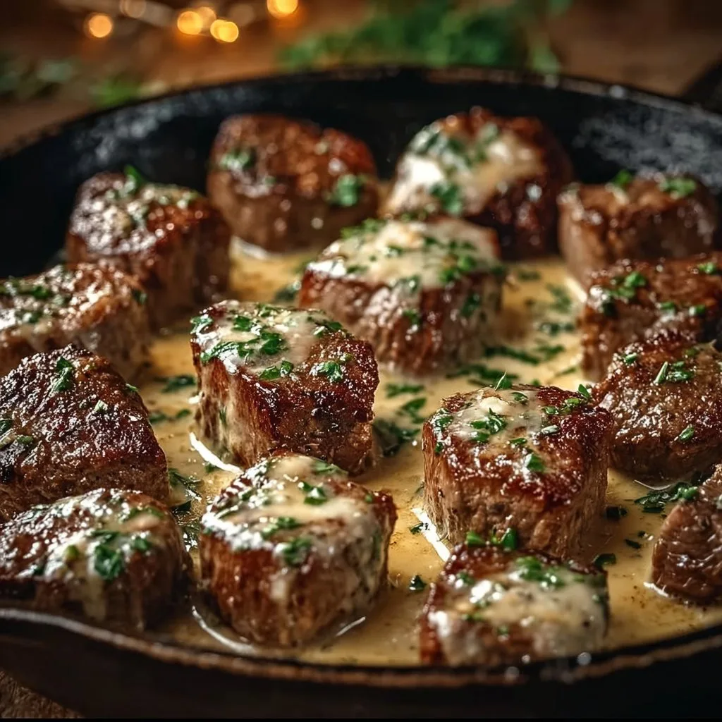 Mouthwatering Steak Bites in Garlic Butter with Creamy Parmesan Sauce