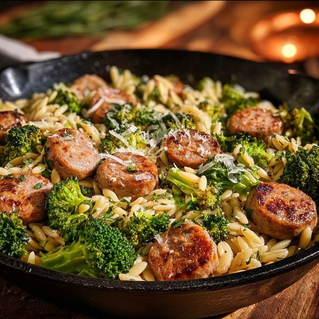 Chicken Sausage, Broccoli, and Orzo Skillet