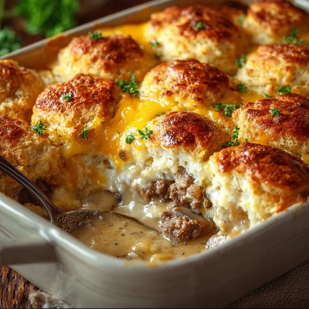 Hearty Beef Biscuits & Gravy Breakfast Casserole