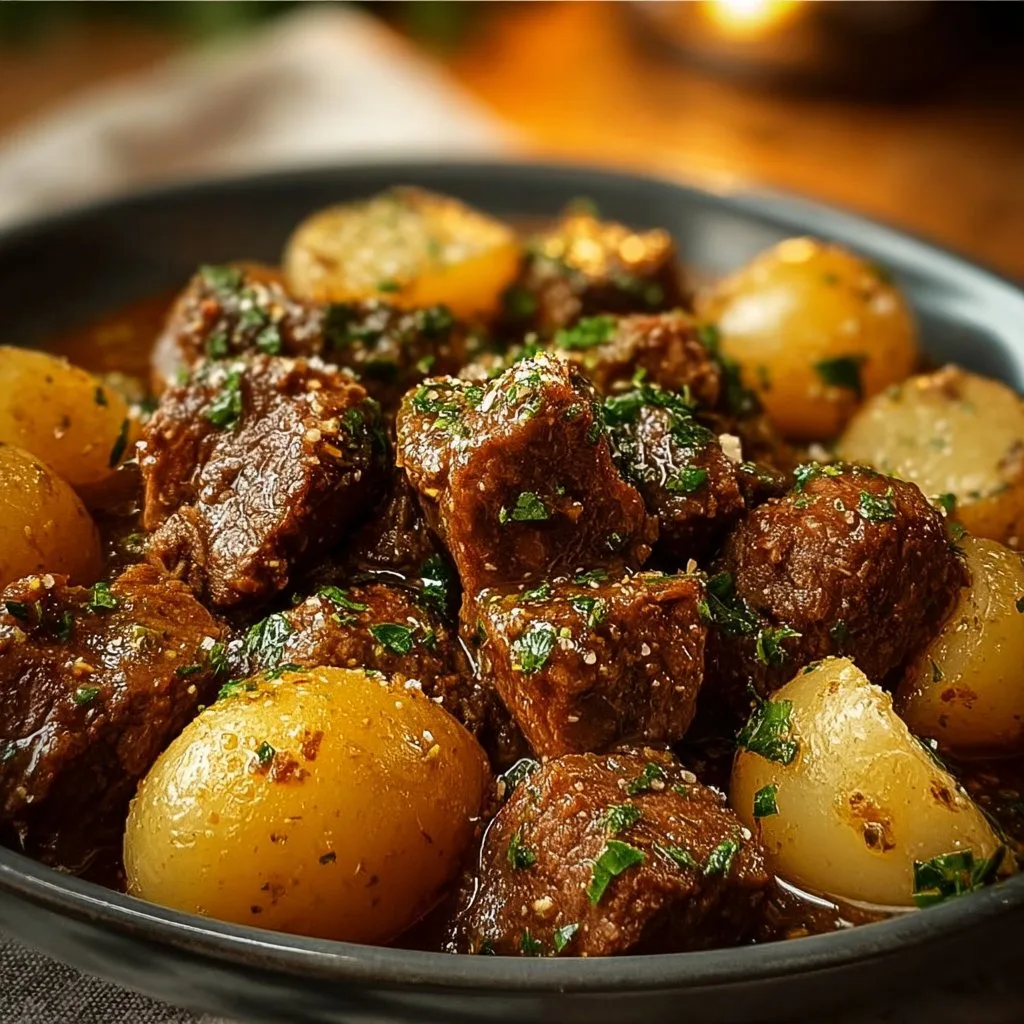 Slow Cooker Garlic Butter Beef Bites & Potatoes