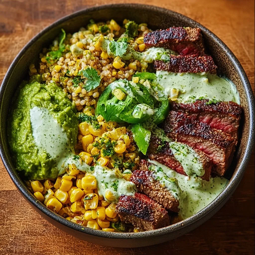 Steak Avocado Roasted Corn Bowl with Cilantro Cream Sauce
