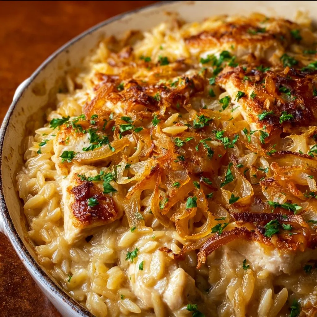 French Onion Chicken Orzo Casserole
