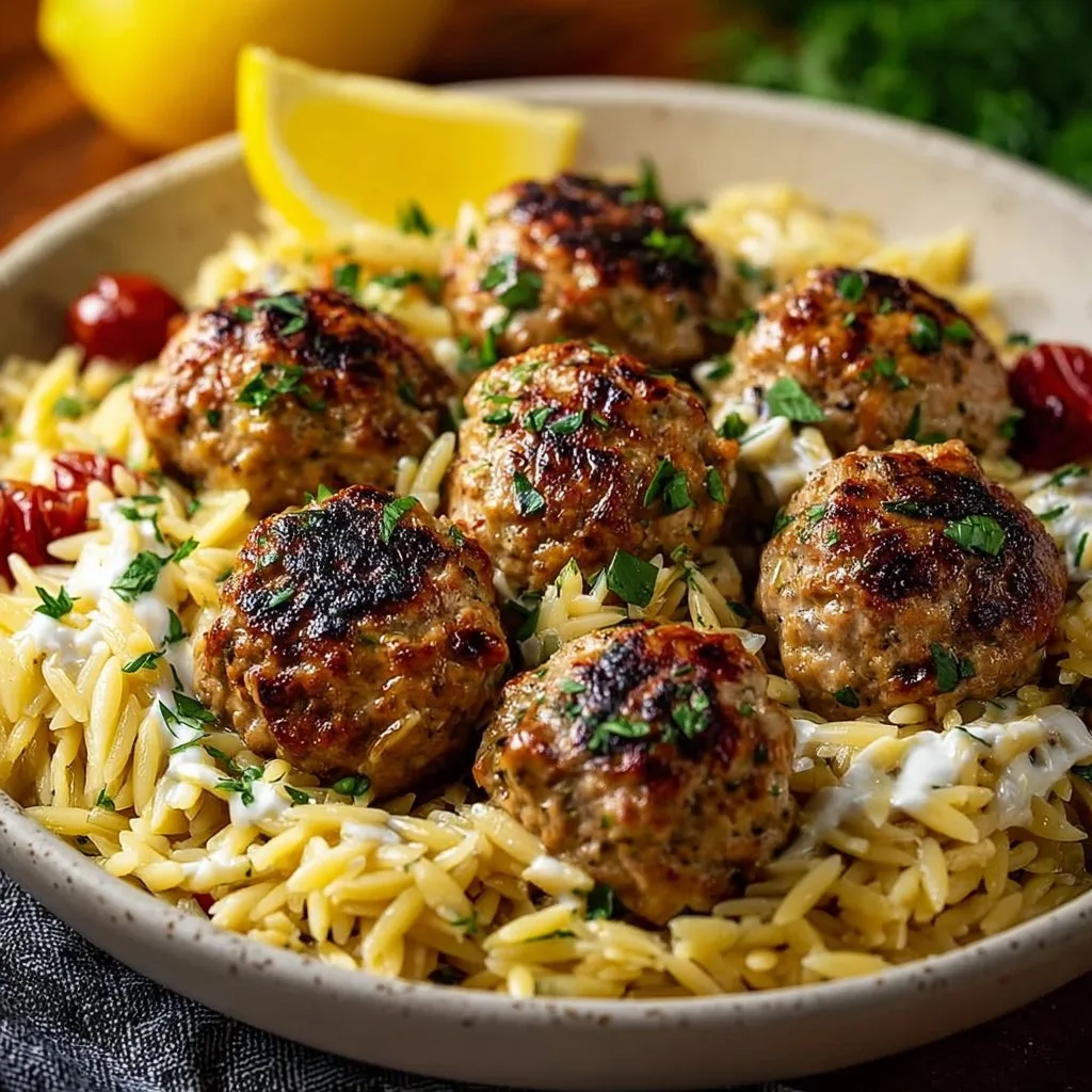 Juicy Greek Chicken Meatballs with Zesty Lemon Orzo Delight