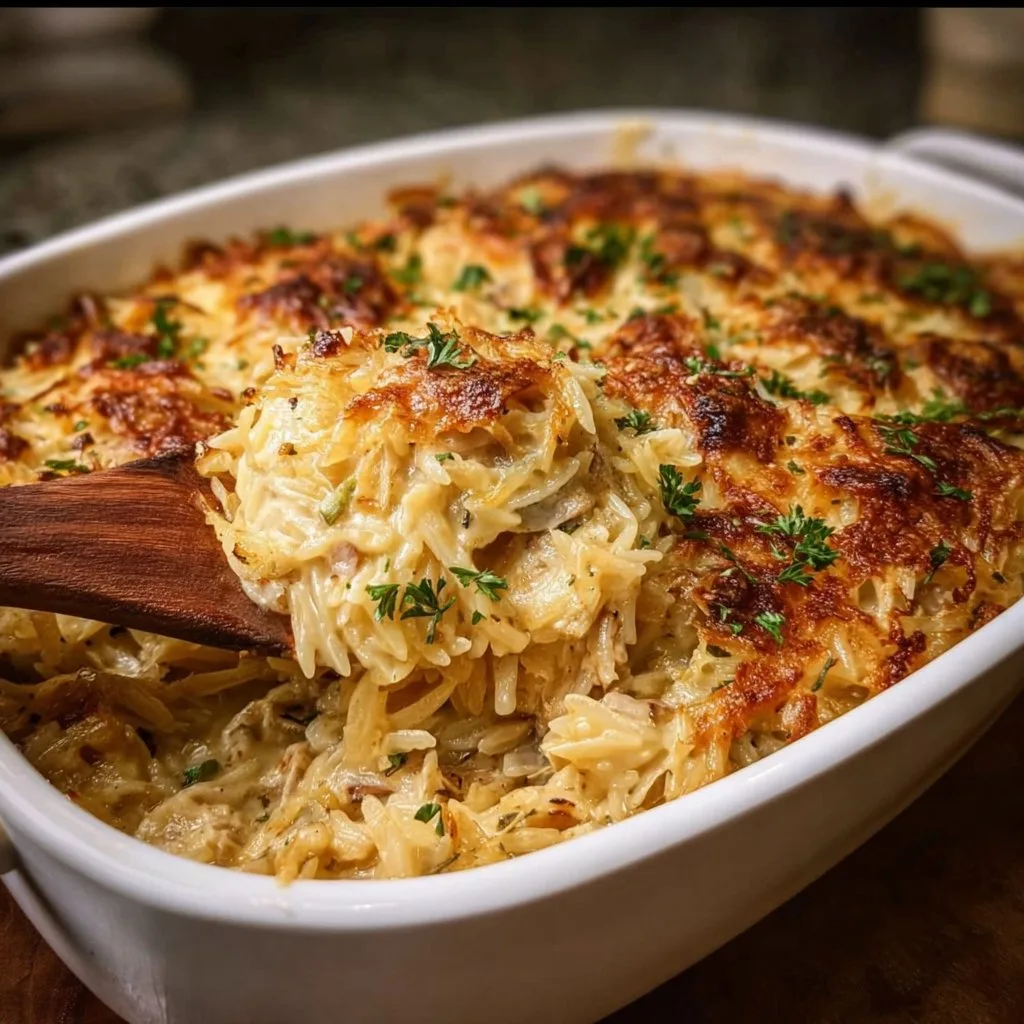 French Onion Chicken Orzo Casserole