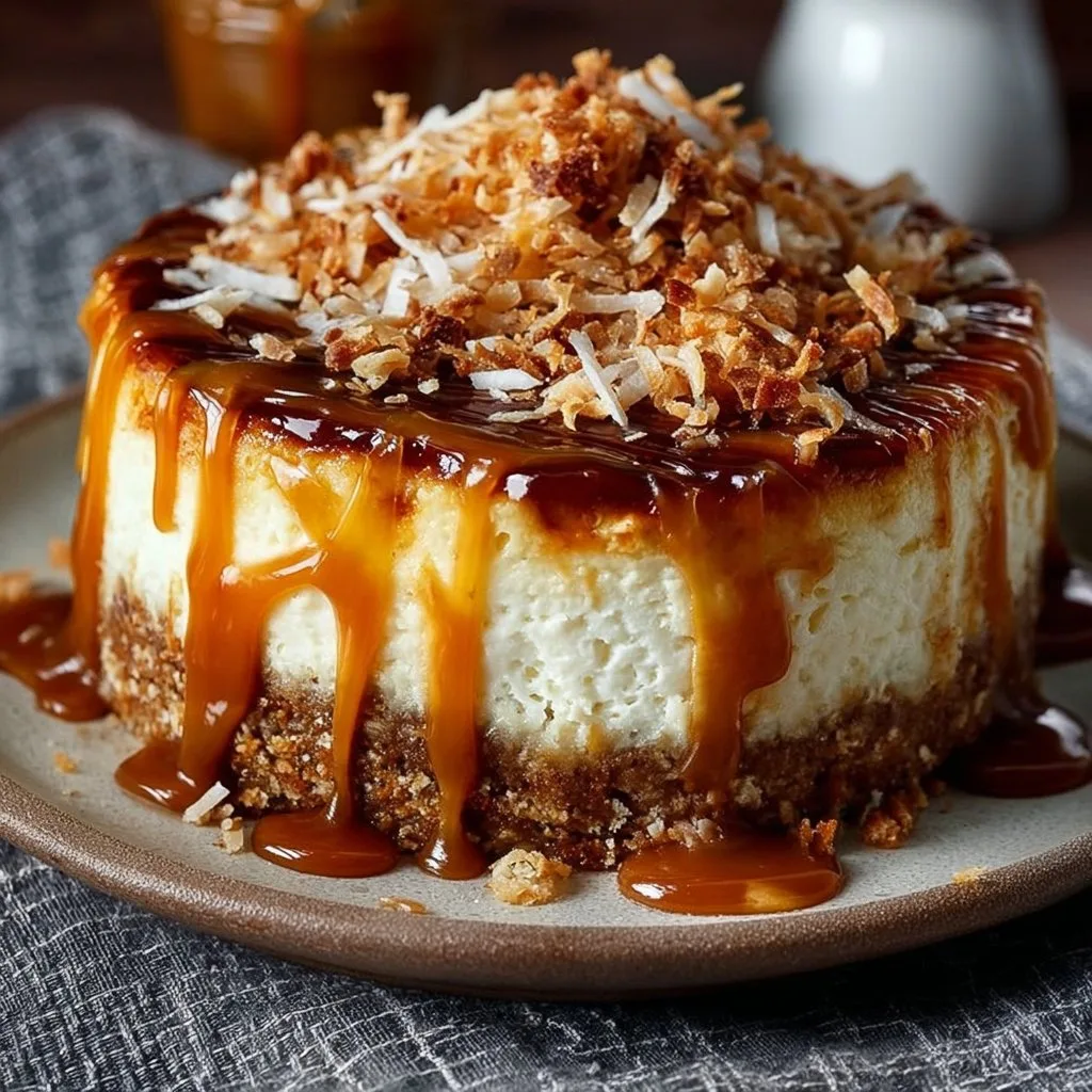 Decadent Baked Samoa Cheesecake with Caramel Drizzle