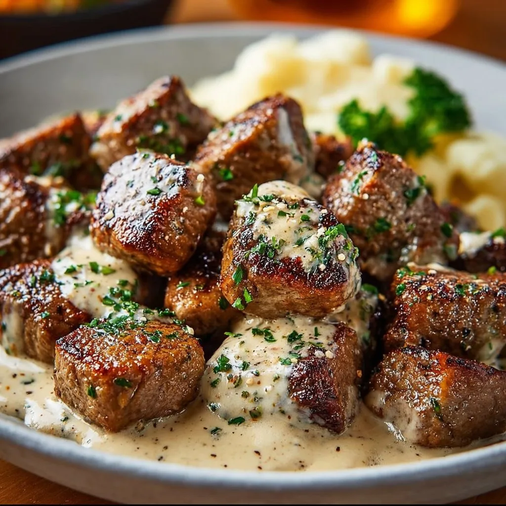 Garlic Butter Steak Bites with Parmesan Cream Sauce
