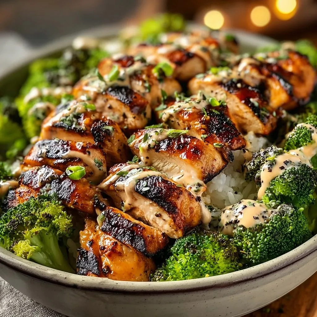 Creamy Garlic Grilled Chicken Broccoli Bowls