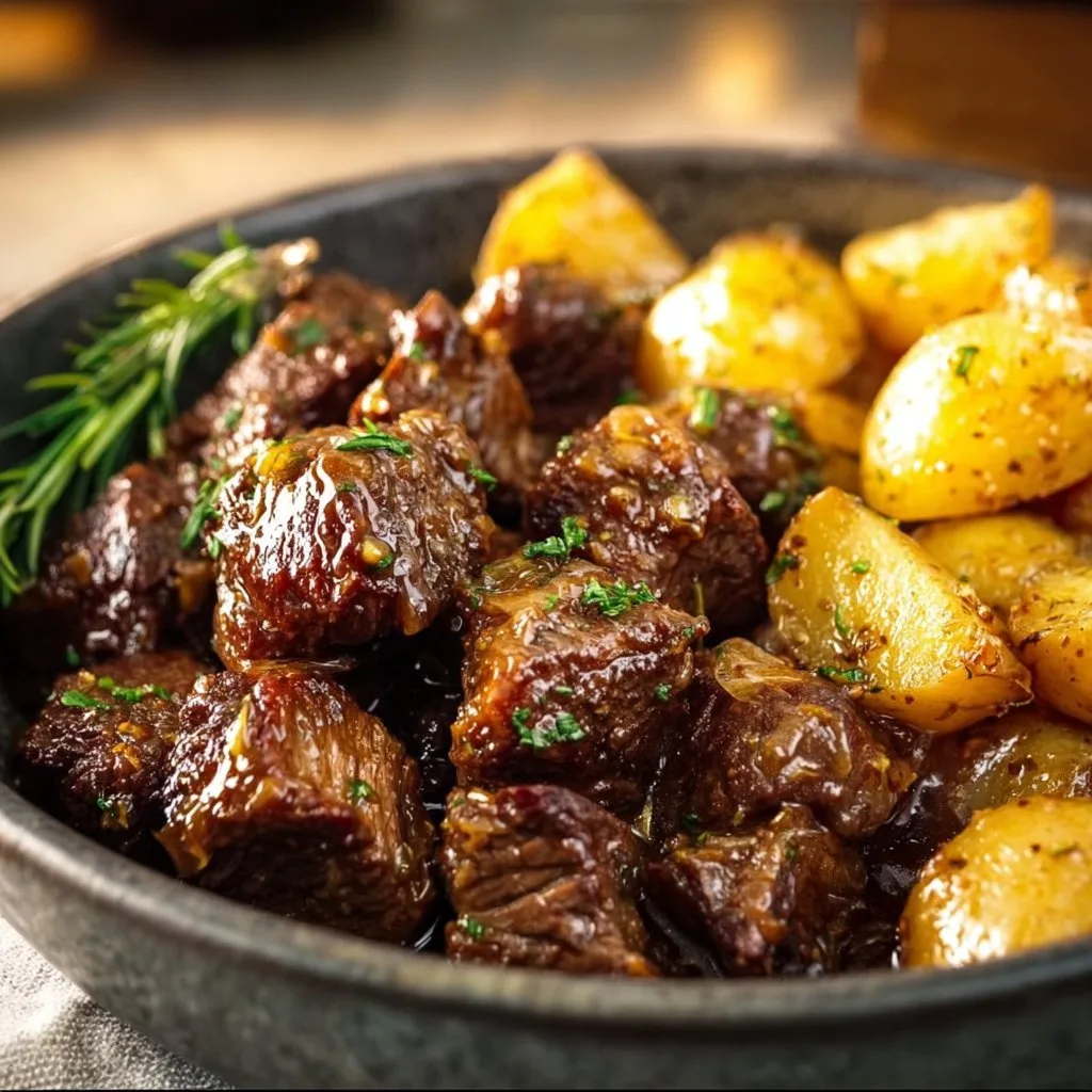 Savory Slow Cooker Garlic Butter Beef Bites w/Potatoes