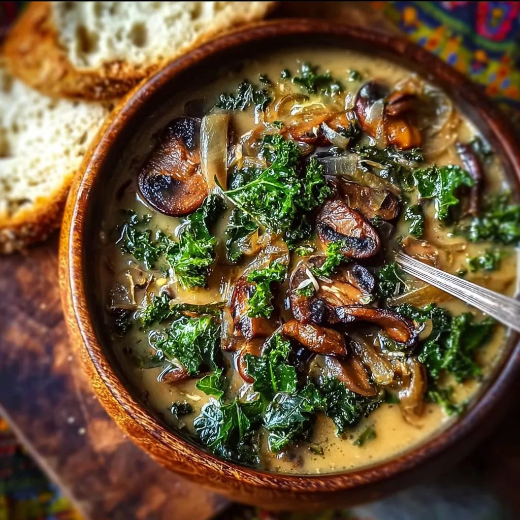 Comforting Wild Mushroom, Caramelized Onion and Kale Soup - homefoodkitchen