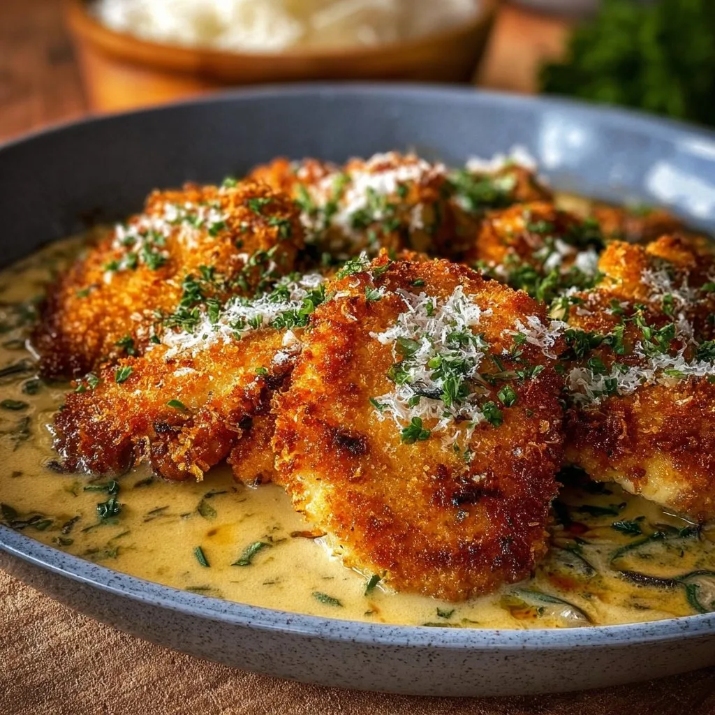 Crispy Parmesan Chicken with a Rich Garlic Sauce