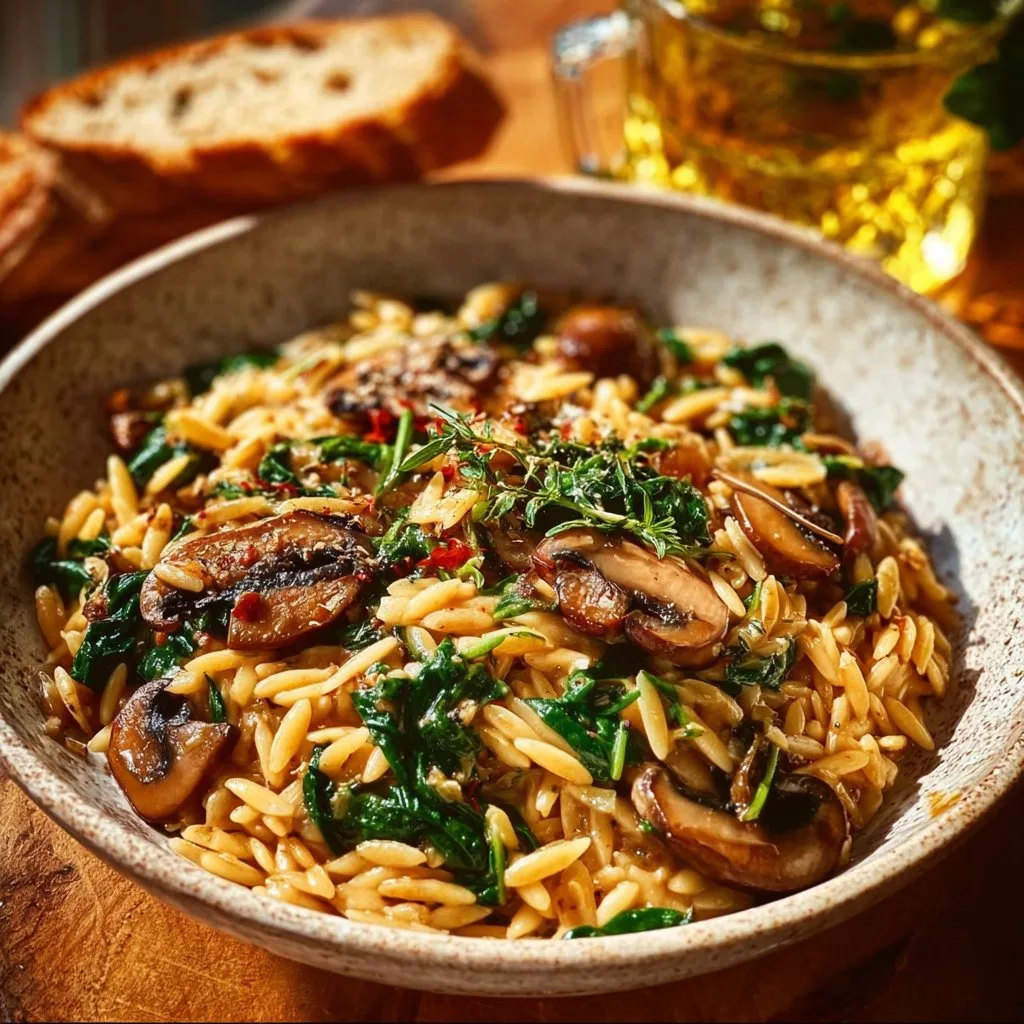 Vegetarian Orzo with Mushrooms and Spinach