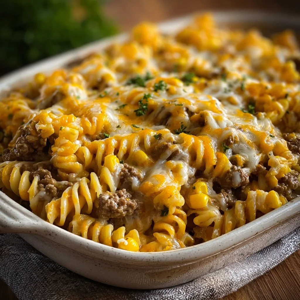 Loaded Cheddar Ranch Beef and Sweet Corn Rotini Bake