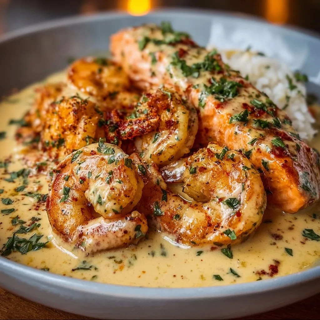 Easy Cajun Shrimp and Salmon with Garlic Cream Sauce