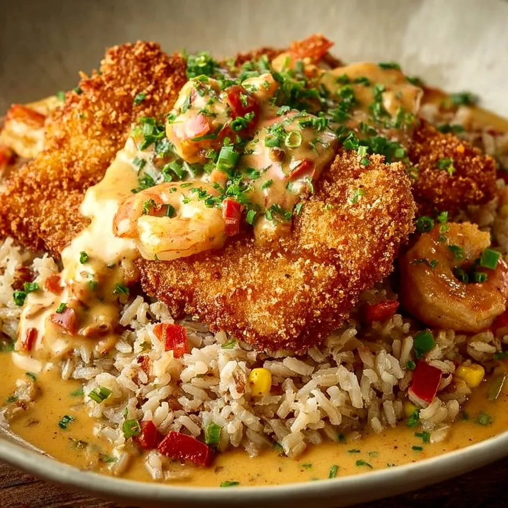 Fried Catfish Over Dirty Rice with Cajun Crawfish Cream Sauce