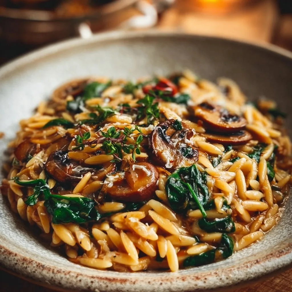Vegetarian Orzo with Mushrooms and Spinach
