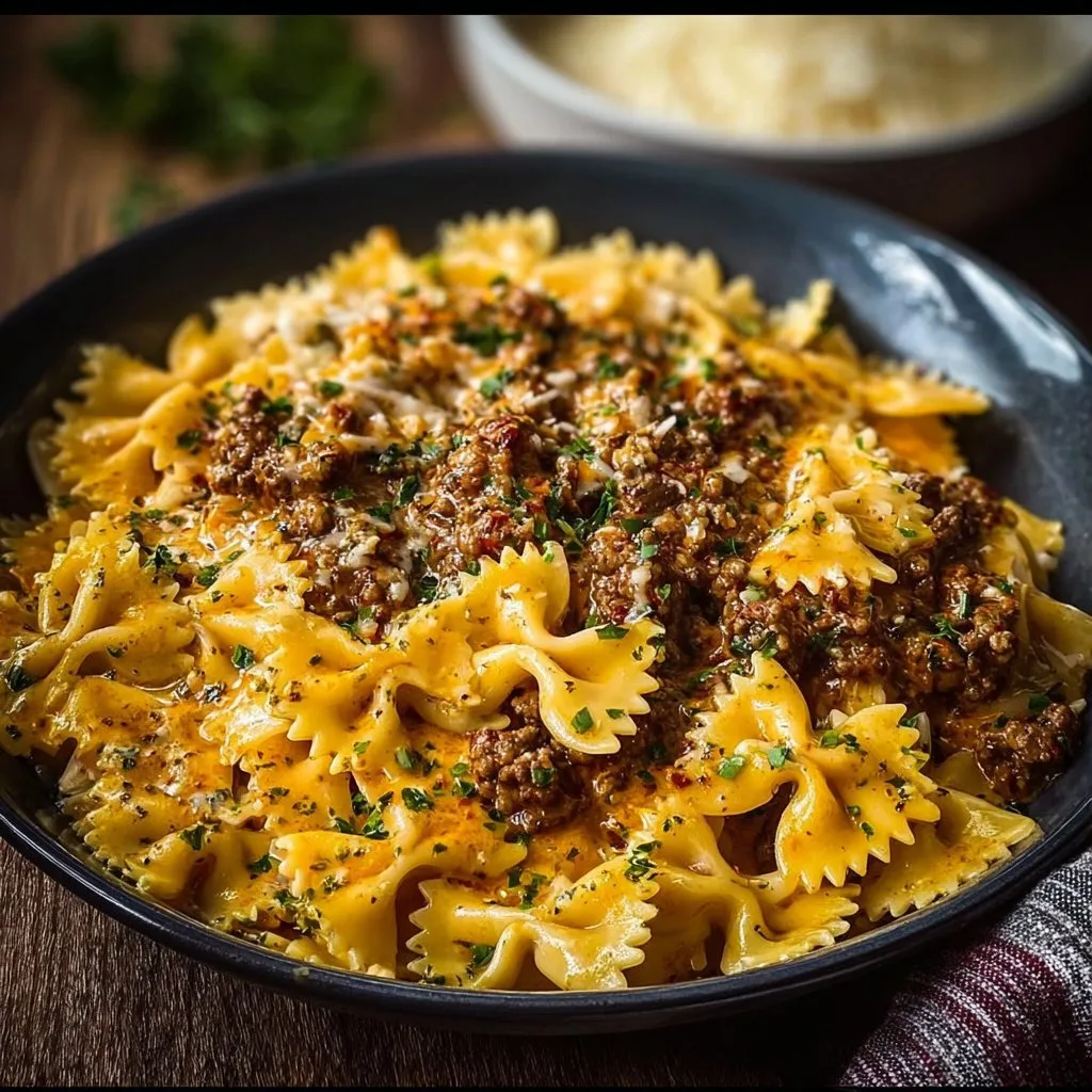 Cheesy Bowtie Pasta with Savory Cajun Ground Beef in Garlic Cream