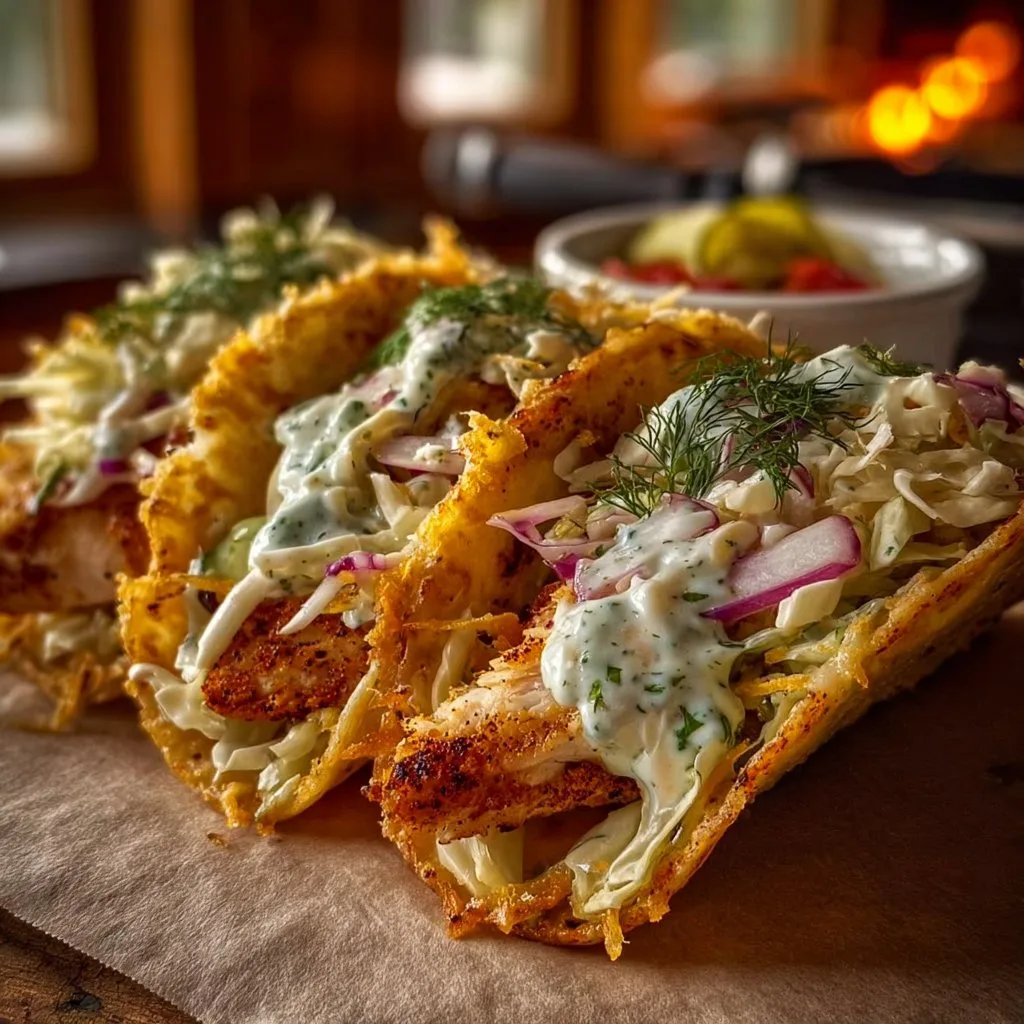 Dill Pickle Ranch Smash Chicken Tacos with Crispy Cheese Delight