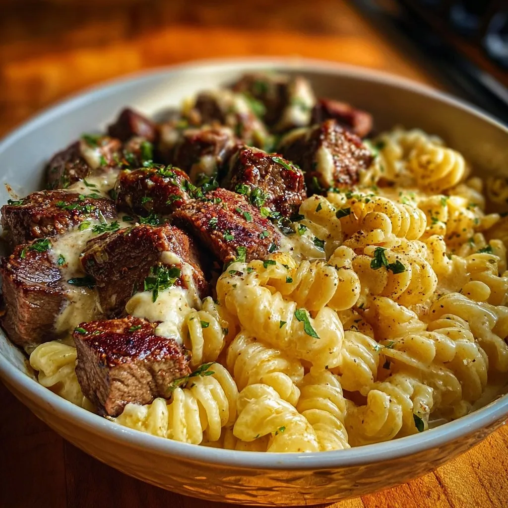 Steak Bites with Garlic Butter Alfredo Pasta