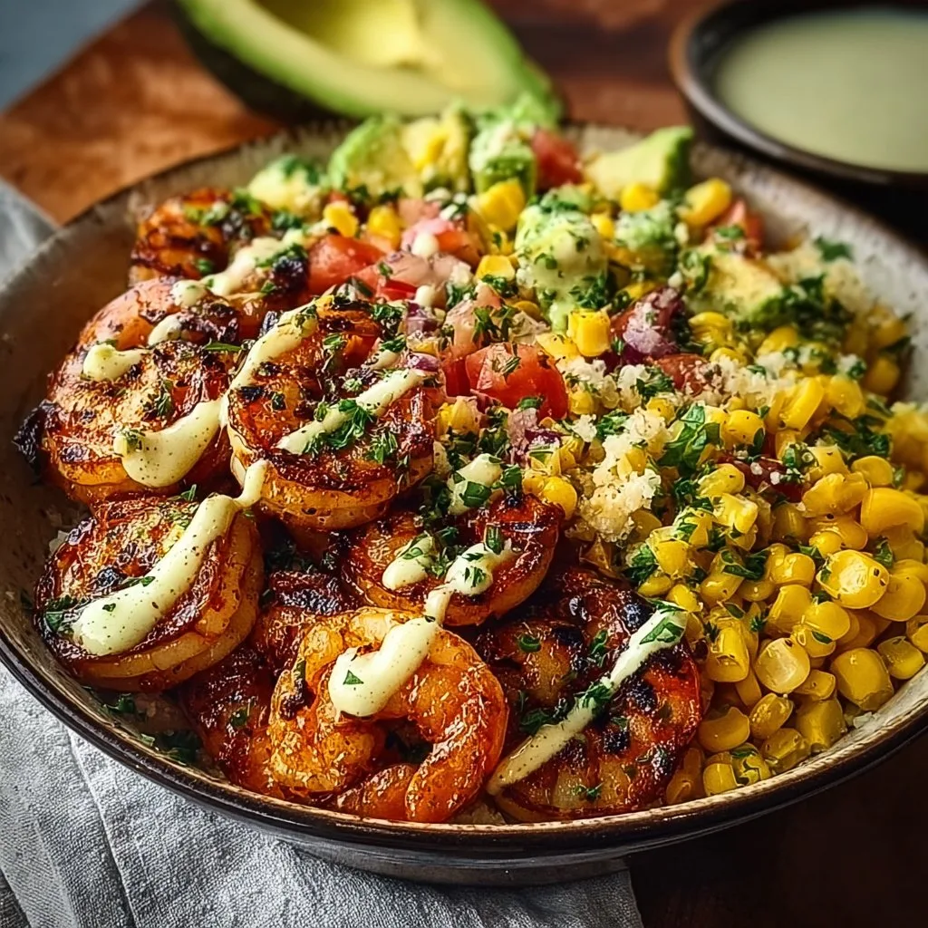 Grilled Shrimp Bowl with Avocado, Corn Salsa & Creamy Garlic Sauce
