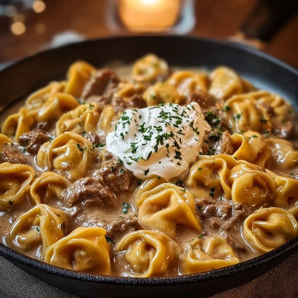 Irresistibly Creamy Skillet Beef Stroganoff Tortellini Delight