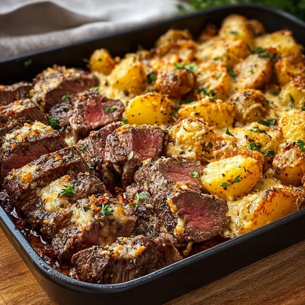 Garlic Butter Steak & Cheddar Potato Bake
