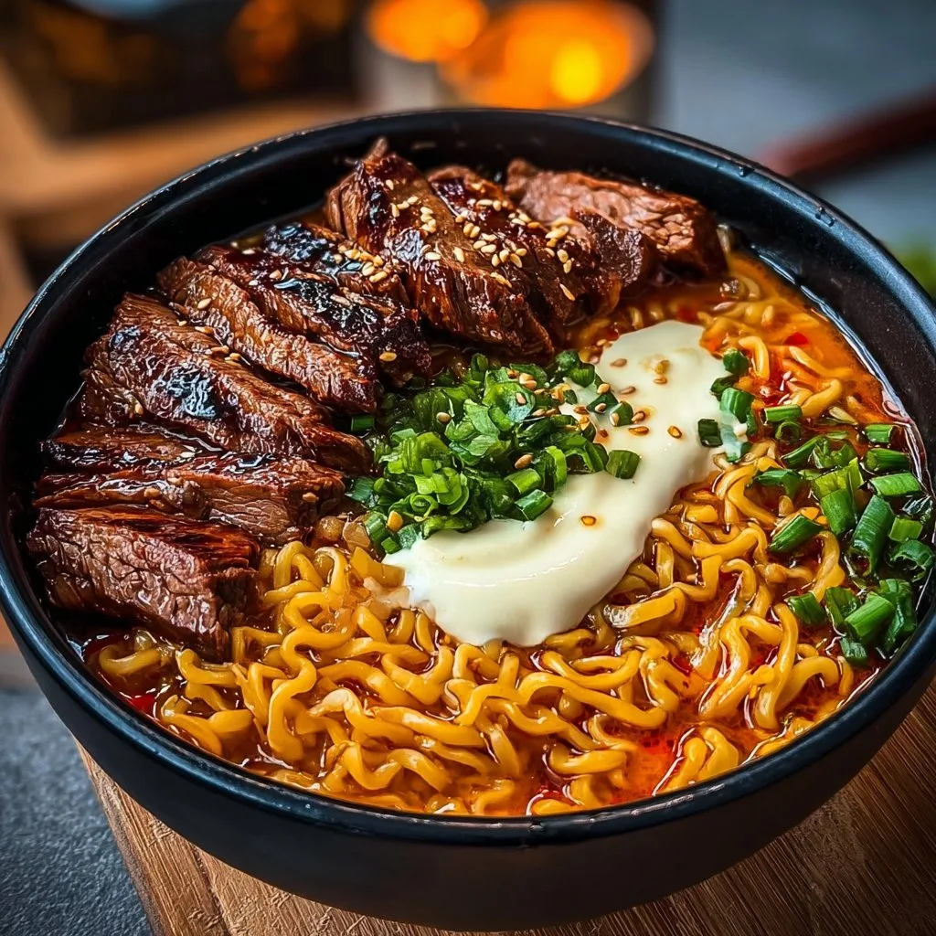 Spicy Korean Ramen with Grilled Beef & Creamy Sauce